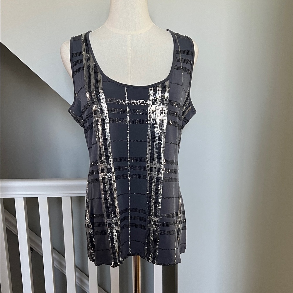 Gray Sequin Plaid Scoop Neck Tank Top